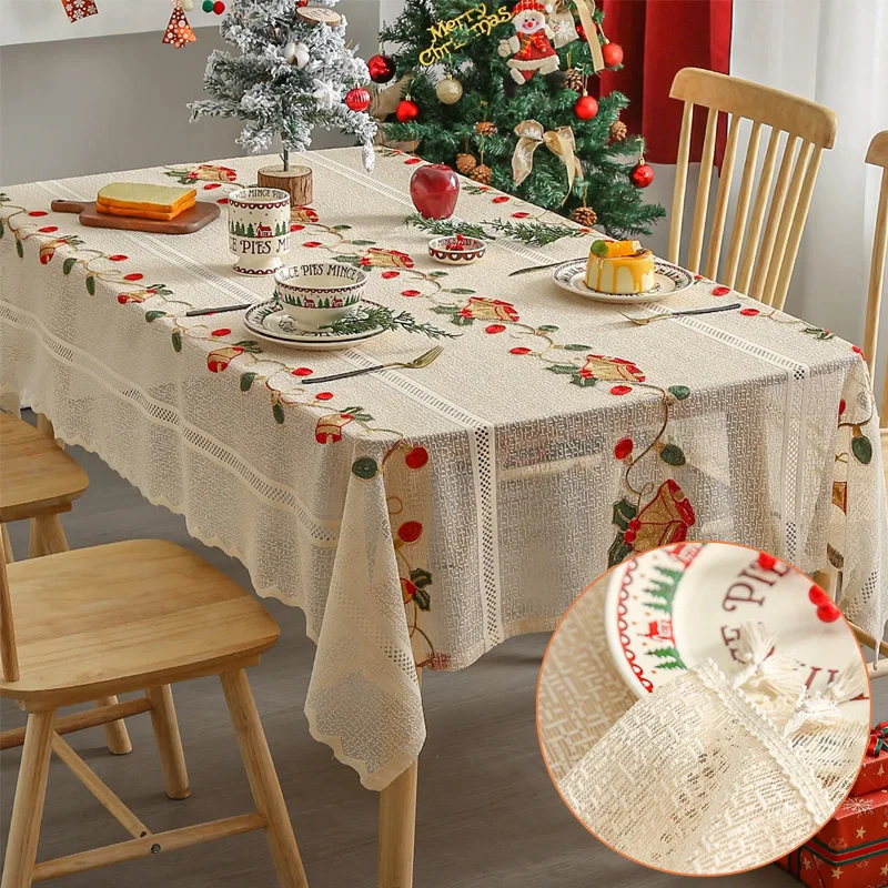 

1PC Beige Christmas Tablecloth Modern Embroidered Lace Living Room Kitchen Rectangular Non-slip Decorative Cover Cloth Table