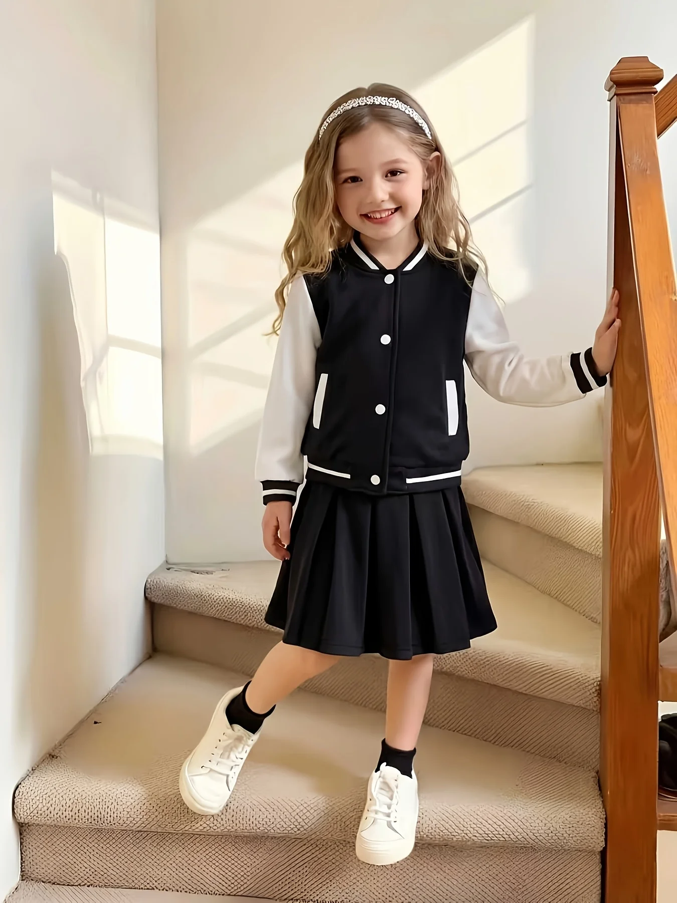 Fall New Arrival Girls Black And White Varsity Jacket Pleated Skirt Set
