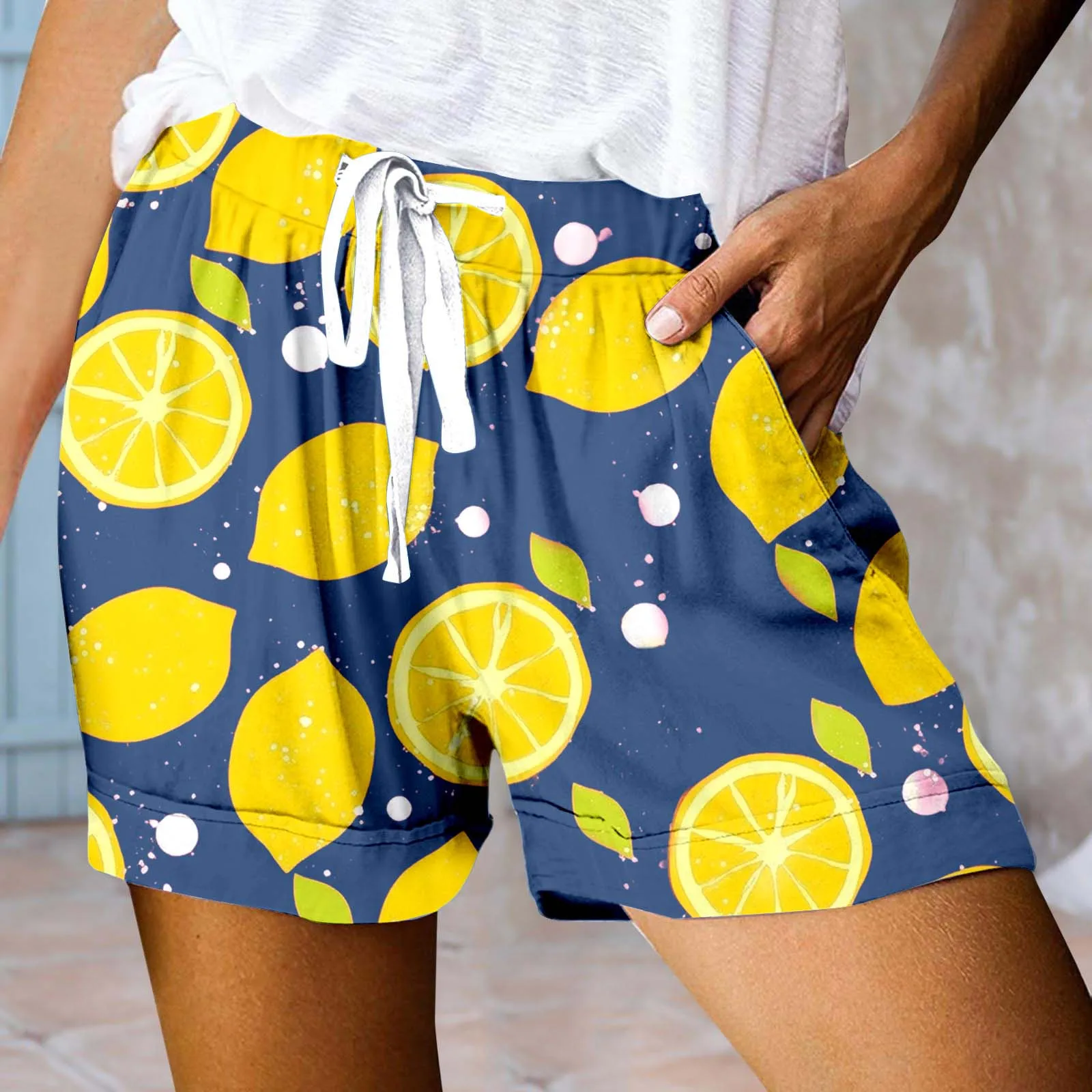 

2025 Lemon Print Drawstring Women's Beach Shorts Swim Trunks Elastic Waist 3D Print Breathable Short Streetwear Spandex Shorts