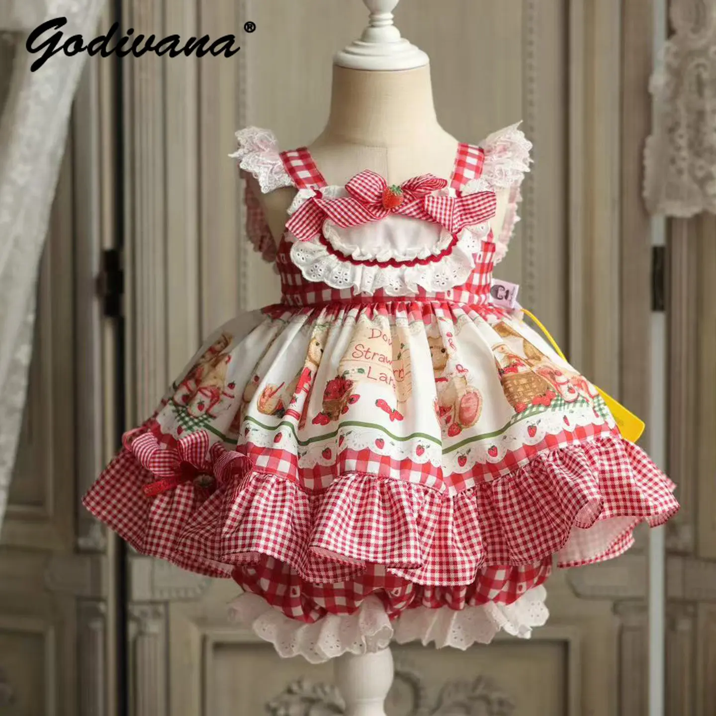 

Baby Girls Original Red Plaid Slip Dress 2026 Summer New Kids Cute Bow Lacetrim Cartoon Print Kindergarten Daily Casual Dresses