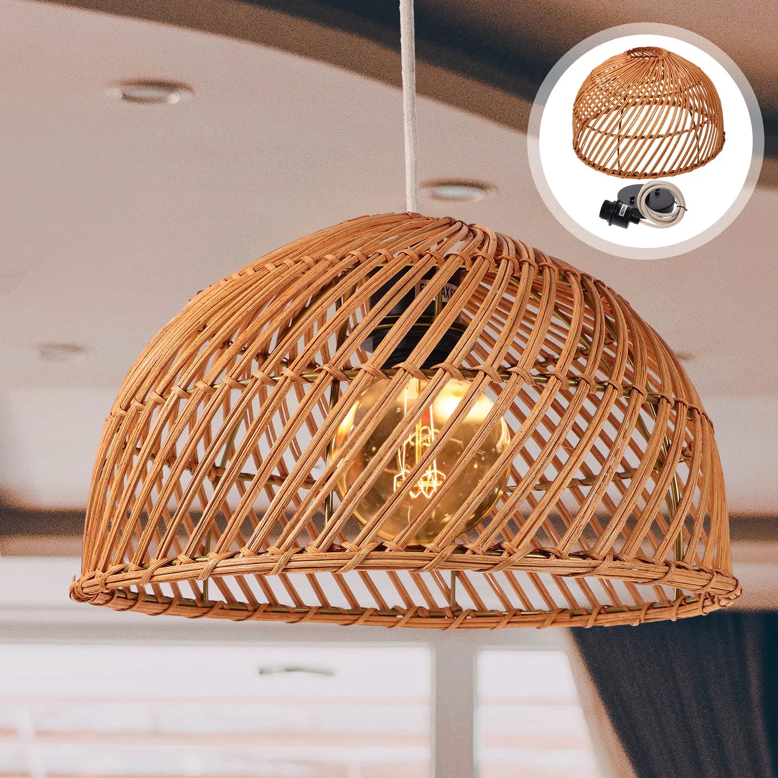 

Pendant Light E26 Base Rattan Woven Hanging Kitchen Ceiling Light Fixture Modern Pendant Lighting for Restaurant Cafe