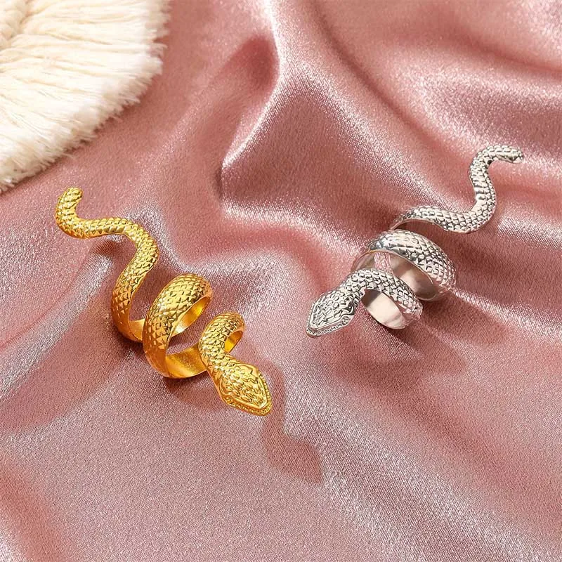 Foxanry Silver Color Snake Geometric Rings For Women Couples Punk Hip Hop Vintage Exaggerated Personality Party Jewelry Gifts