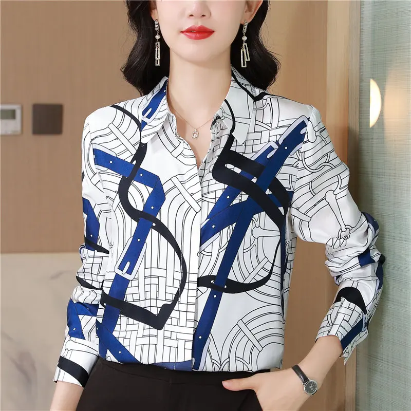 

Silk Twill Belt Buckle Abstract Print Turn-Down Collar Long Sleeve Shirt Top