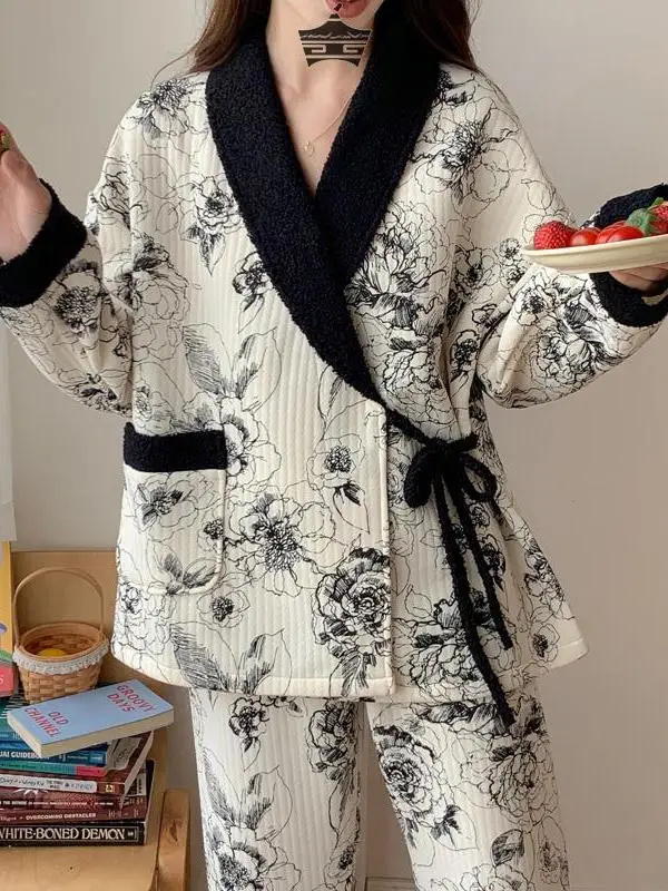 

Thickened Pure Cotton Airy Sleepwear Maternity Kimono Style Nursing Two-Piece Set Large Size for Pregnant Women Winter Use