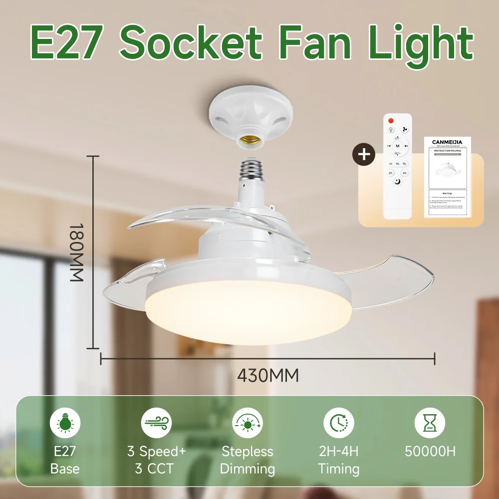 30W Invisible Ceiling Fan Light E27 85-265V 3 Color Changing 3000-6500K Dimmable LED Fan Lamp with Remote Control for Bedroom