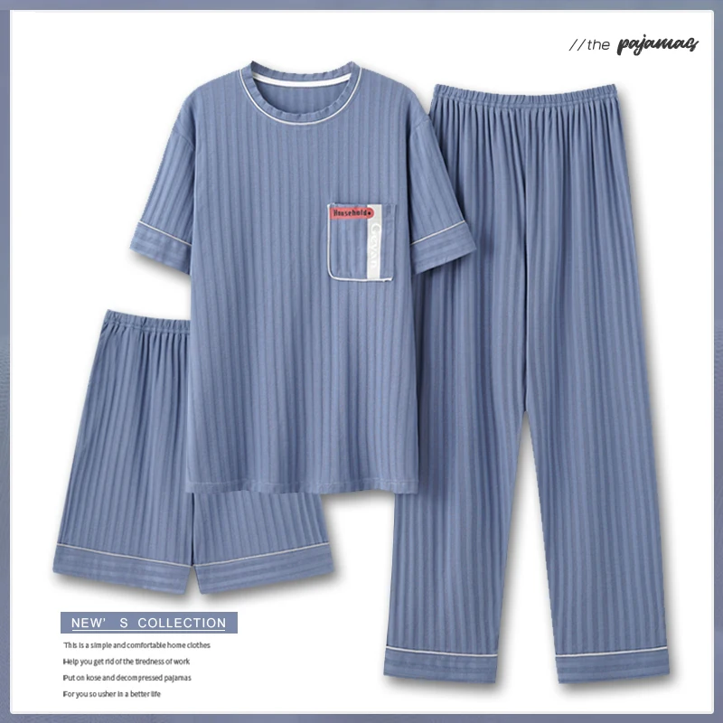 Fashion Summer 3 Piece Men Pajamas Set Short Sleeve Shorts Plus Size 5XL Cotton Homewear Round Collar Loungewear Pijamas for Man