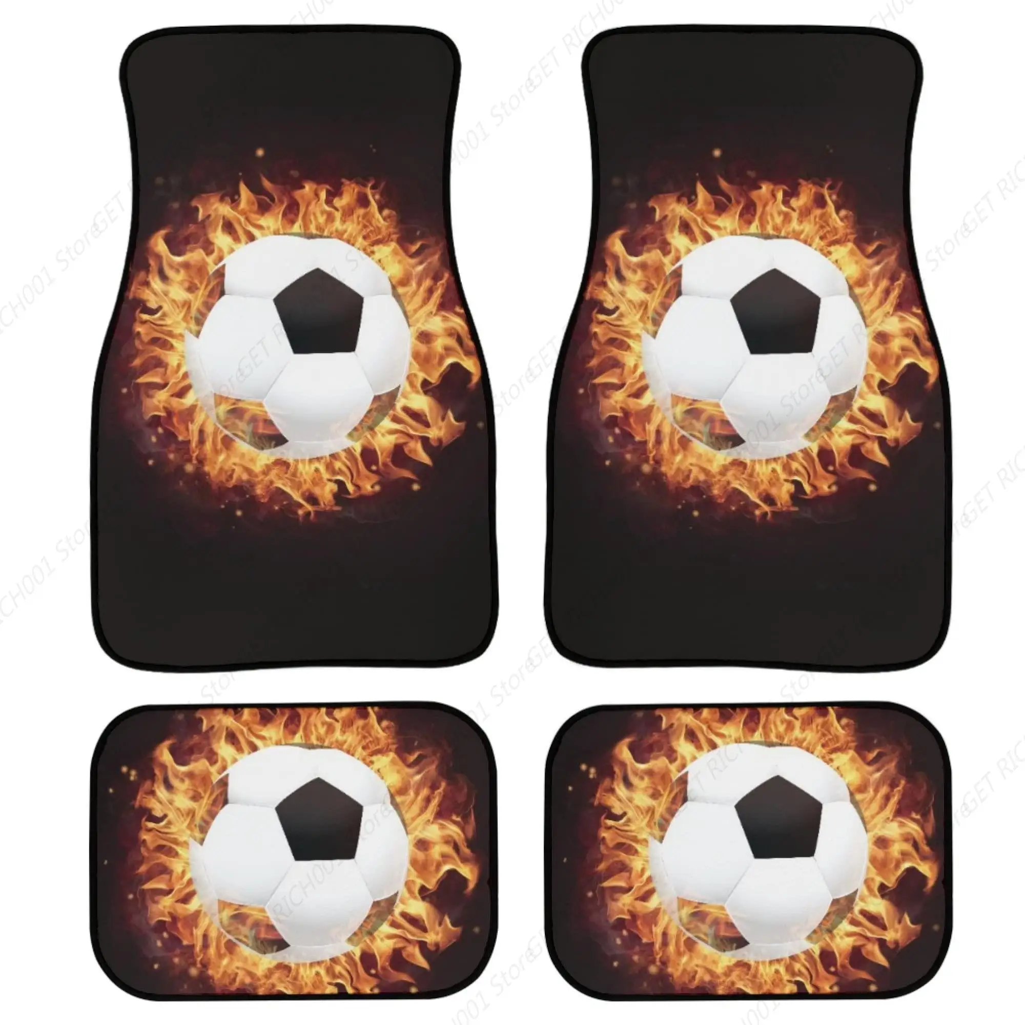 Fire Soccer Automotive Rubber Backing Carpet Floor Mats, 4 Pieves Set Front Reat Universal Car Floor Mat, All Weather Protection