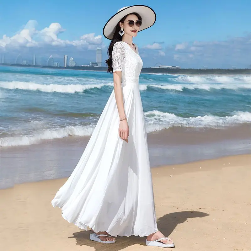 Large Swing Skirt2022Summer Mid-Length White Short Sleeve Lace Chiffon Dress plus Size Vacation Dress Beach Yukang