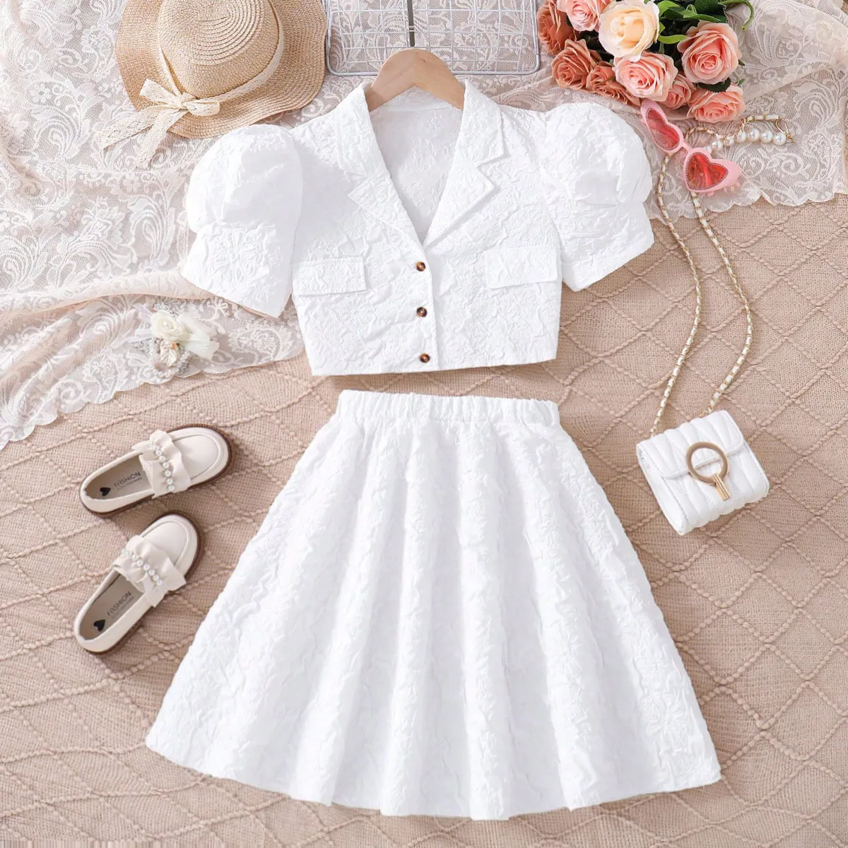 130-170cm Girl Princess Style Set Summer Small Fragrant Style Short Bubble Sleeve Top White Half Skirt Fashion Two piece Set