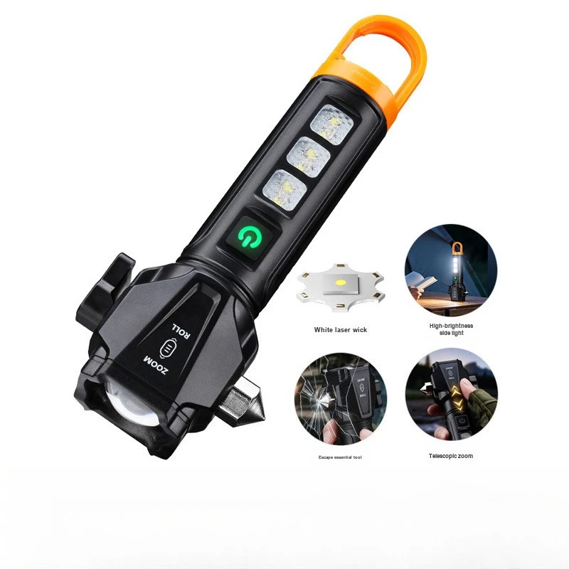 LED Flashlight Super Bright Long Lasting Rechargeable Portable Multifunctional Protective Safety Hammer Emergency COB Work