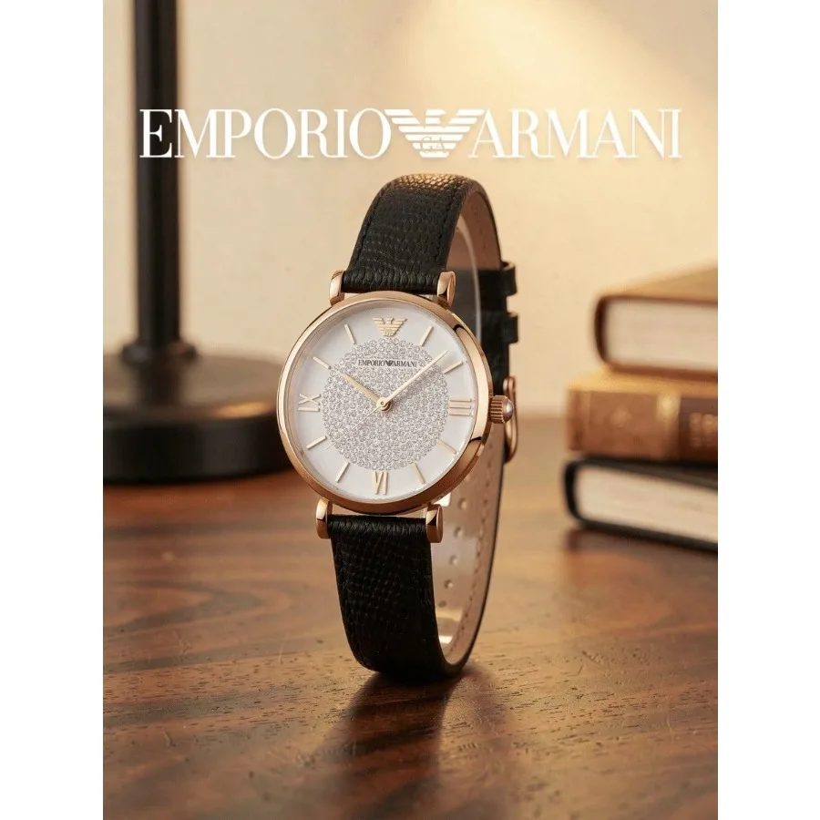Emporio Armani Ladies Quartz Watch, Rose Gold Tone, Black  Pattern Leather Band, Sparkling Crystal Center Dial Elegant Watch