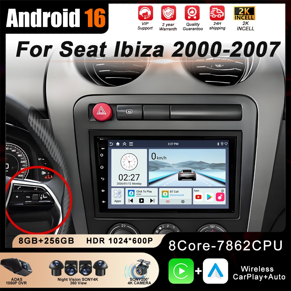 Radio Multimedia para Auto con Android 16 de 7'' para Seat Ibiza 2000 2001 2002 2003 2004-2007, Carplay, Android Auto, Reproductor Lounge, Unidad Principal BT
