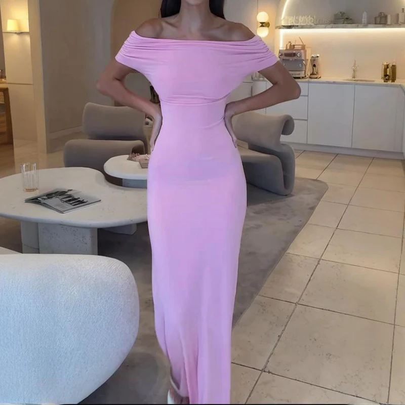 

Summer French Style One-shoulder Sheath Dress Elegant Solid Color Off Shoulder One-piece Robes Sexy Slim Wrap Hips Evening Dress