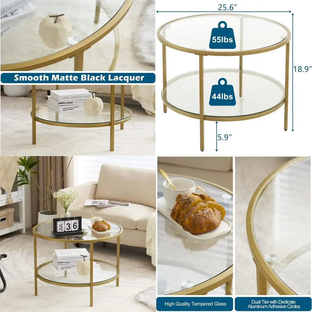 

2-Tier Round Champagne Gold Glass Coffee Table with Storage for Living Room, Ideal for Small Spaces
