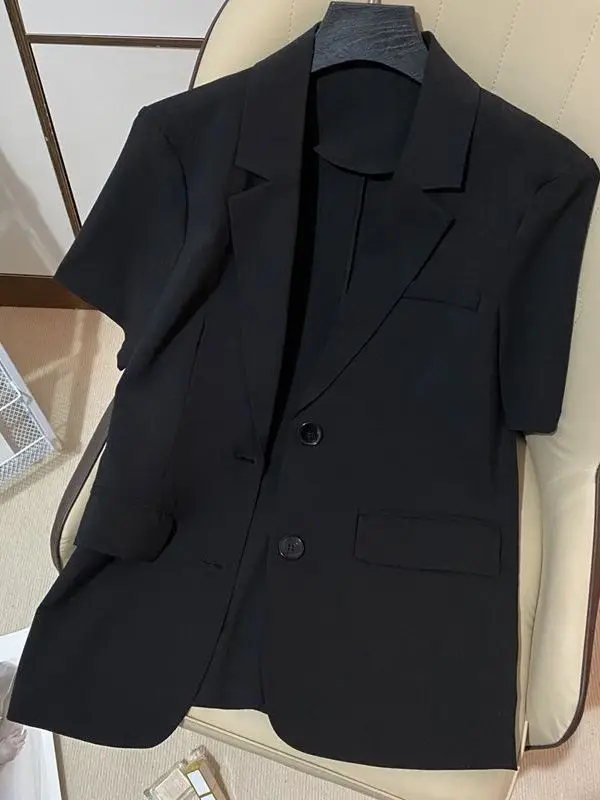 New 2025 Black Summer Short Sleeve Thin Suit Jacket Women's Casual Versatile Street Style Korean Version Slim Fit Shirt