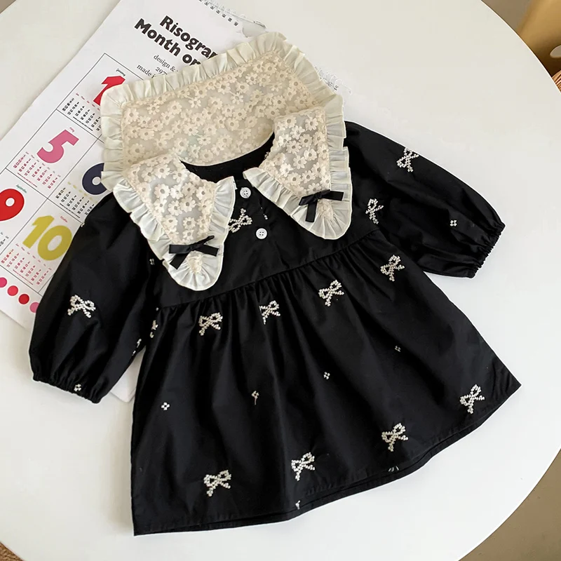 2024 Autumn Baby Girl Party Dress Cotton Embroidery Bow Splicing Dress  Long Sleeved 0-6Yrs Kids Princess Dresses Lace Clothing