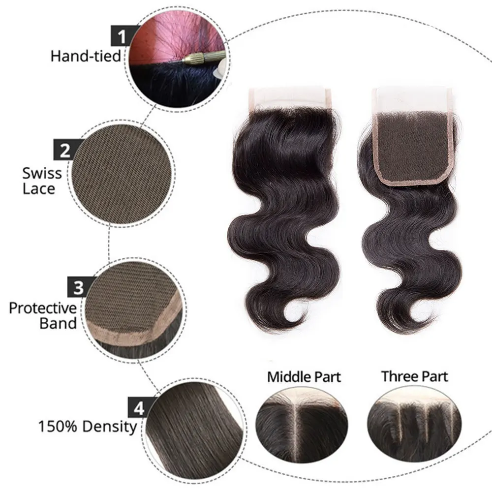 Body Wave Sluiting Echt haar 4x4 Body Wave Vetersluiting 100% Echt haar Transparant Voorgeplukt Golvend haar Vetersluiting voor Dames