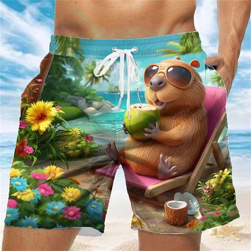 Funny Animal Graphic Swim Trunks For Men Casual Vacation 3D Flamingo Capibala Printed Short Pants Summer Hawaii Surf Swimsuit