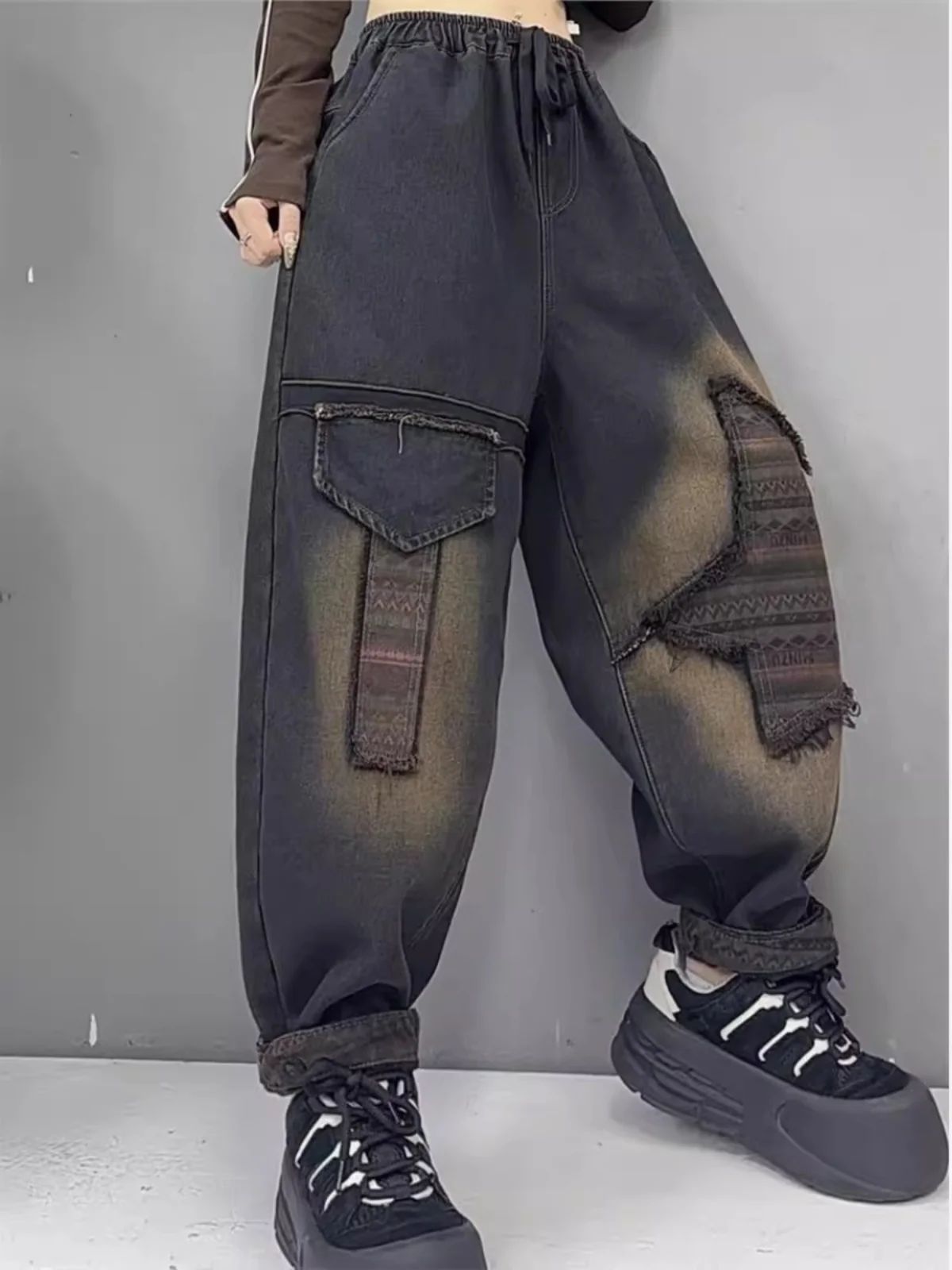 Thickened Fleece Women's Jeans Dad Harlan Style Spring Autumn New Loose Tulip Pants High Waist Nine Points Deep Color Denim