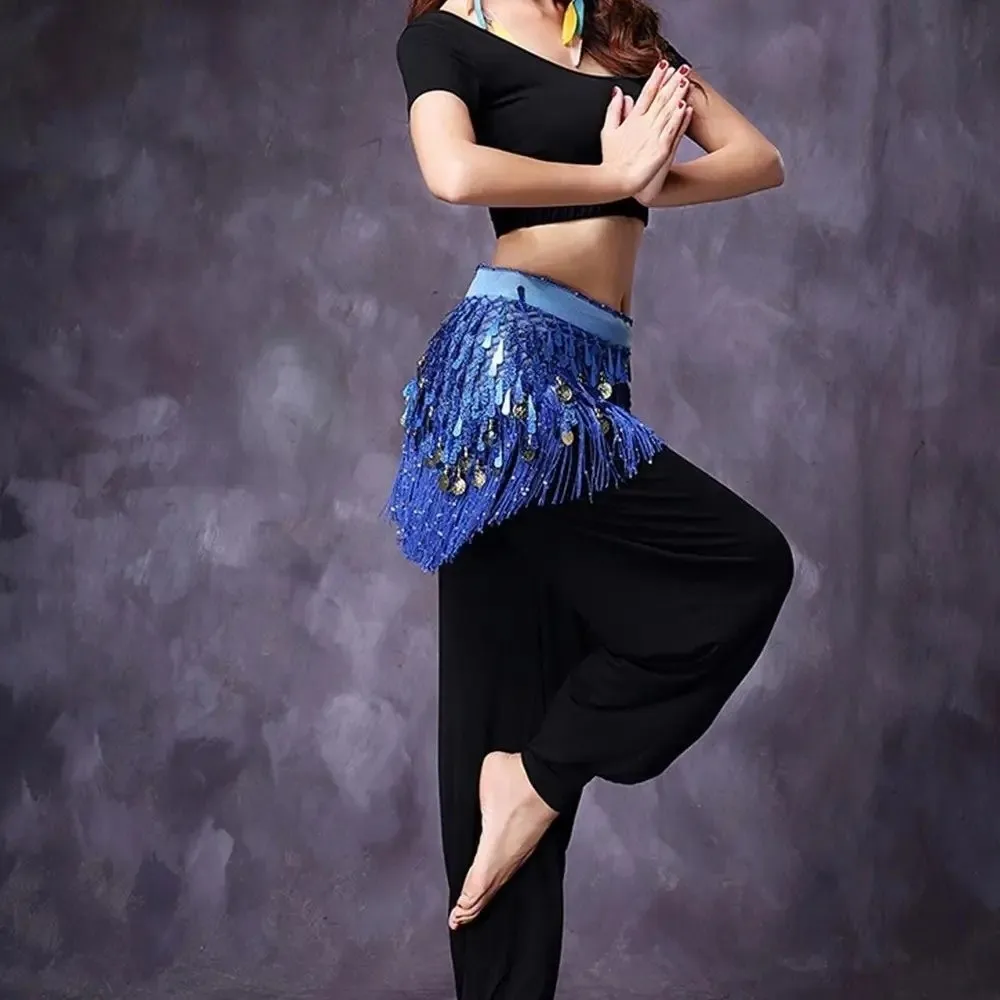 Glitter Sequins Belly Dance Waist Chain Hollow Triangle Dancing Waist Belt Handmade Long Tassel Sequin Waist Chain