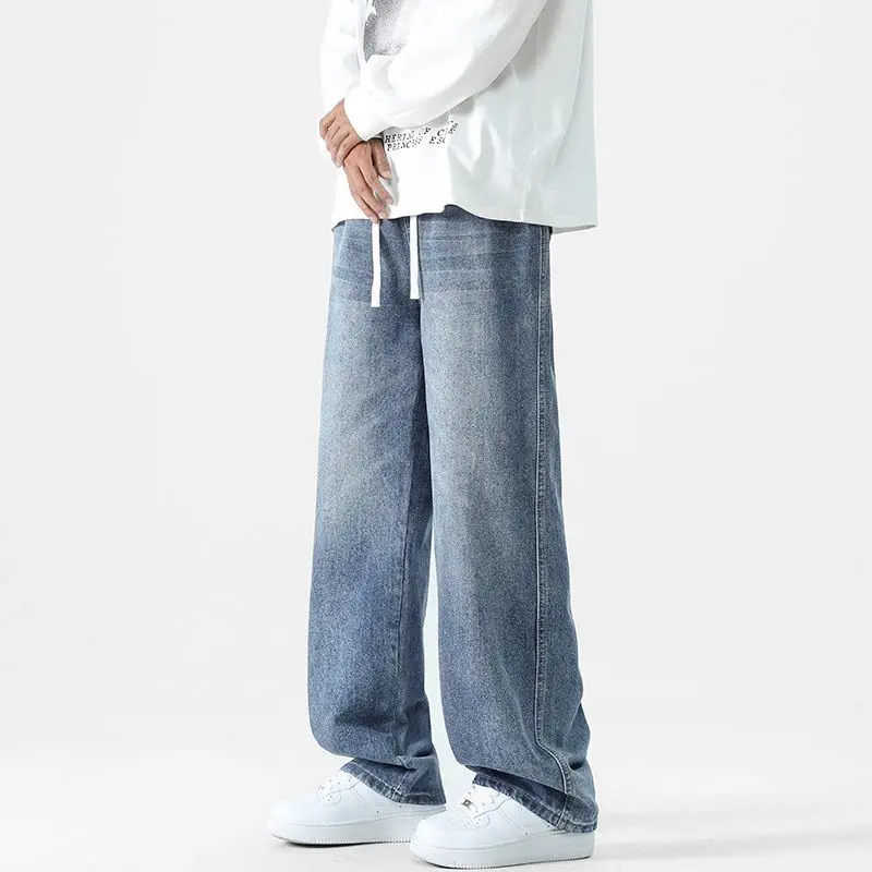 Men's Loose Retro Jeans Washed With Spring And Autumn Fashion High Street Wide Leg Straight Leg Casual Trend Blue Pants