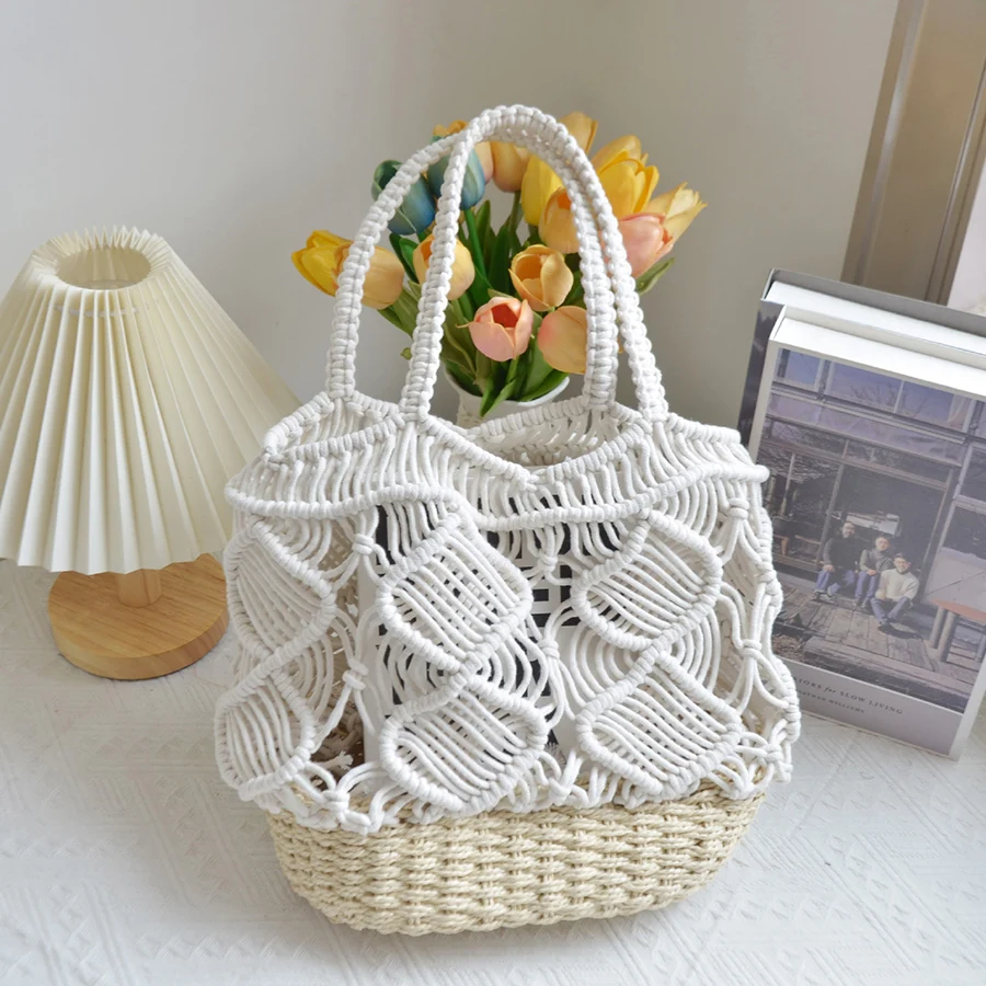 New Korean cotton thread spliced paper rope straw woven bag large hollowed-out bucket bag summer beach woven basket shoulder bag