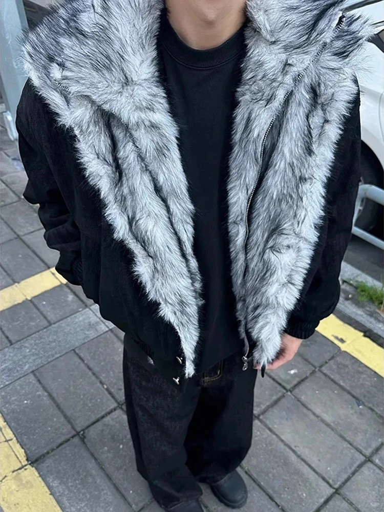 

YKEE Wolf King Двухслойное мужское пальто с воротником из искусственного меха Jaet Winter Thiened Теплое хлопковое пальто с капюшоном Long Sve Youth Faion