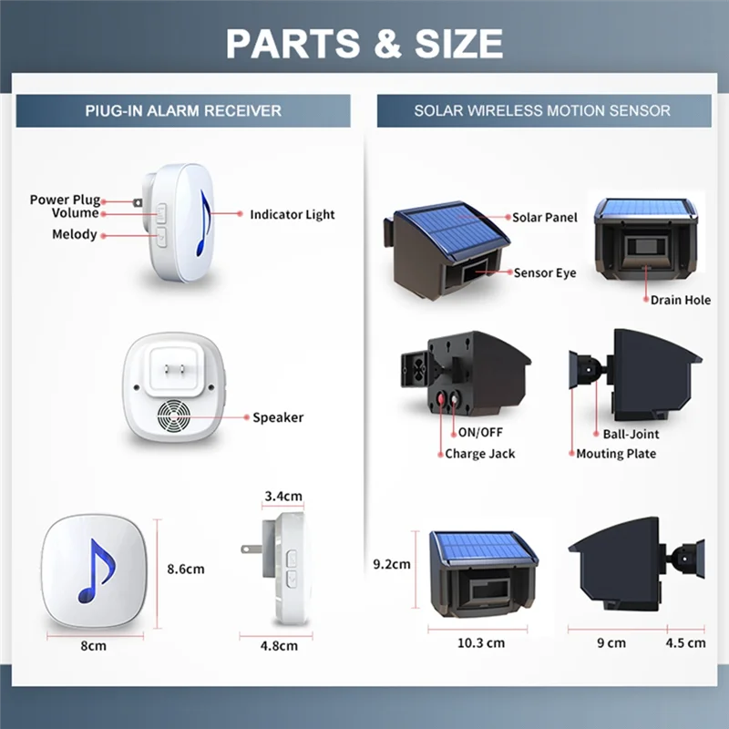 A46U US Plug Solar Driveway Alarm System 1/4 Mile Transmission Range Weatherproof Motion Sensor Detector Security Alert