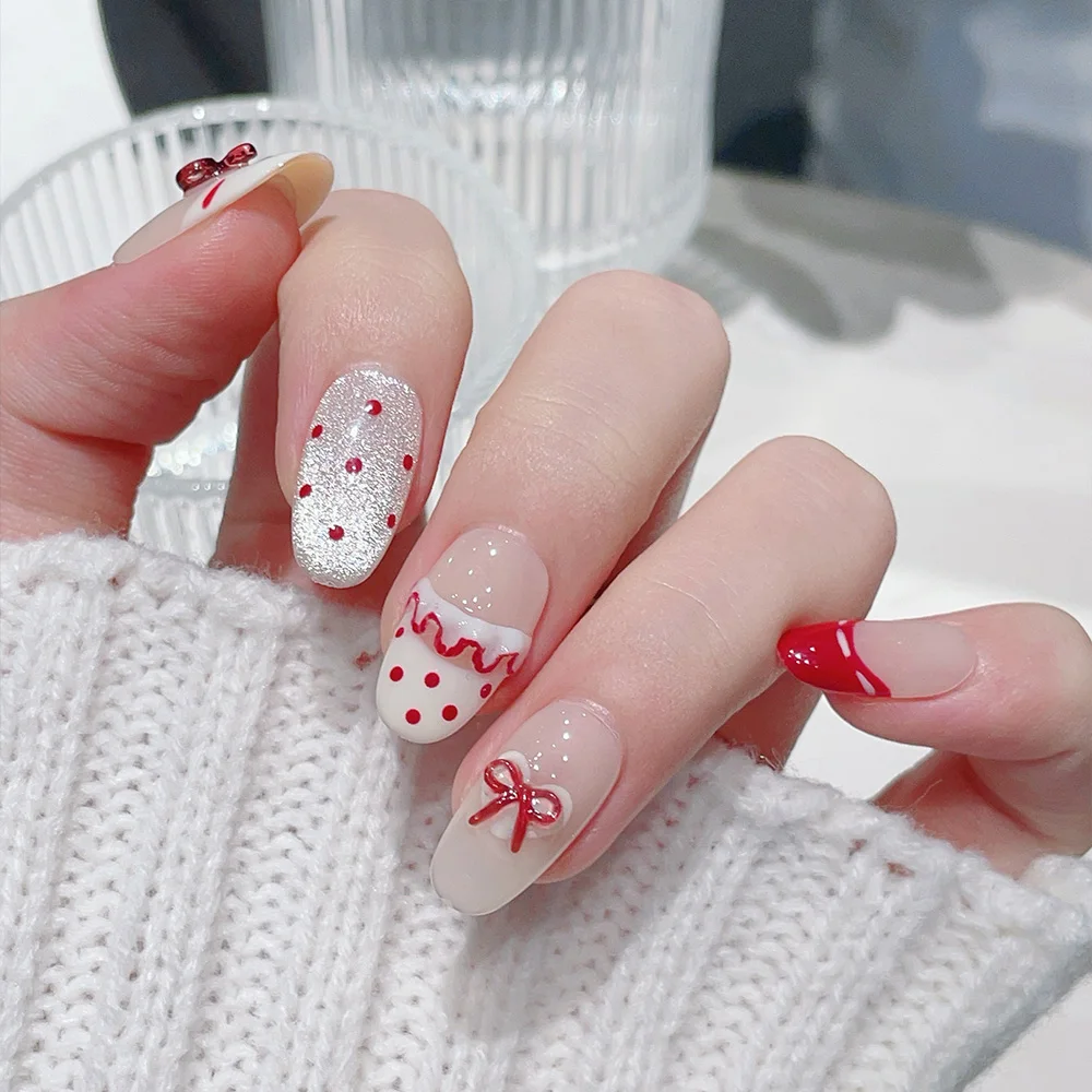 10pcs Short Oval Handmade Press On Nails Kit, White & Red Blue Fake Nails, Sweet Wearable Nail Art, Bow, Rilla Skirt