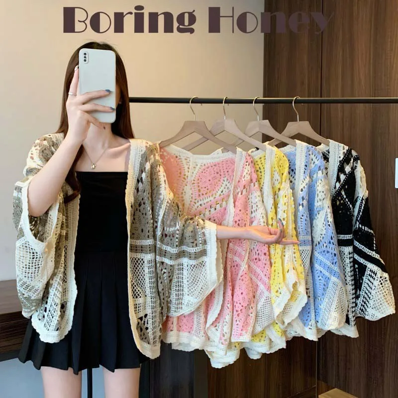 Boring Honey Hollow Out Retro Ethnic Holiday Girl Knitted Tassel Cardigan Women Thin Spring Autumn Ahawl With Lace Shawl Outside