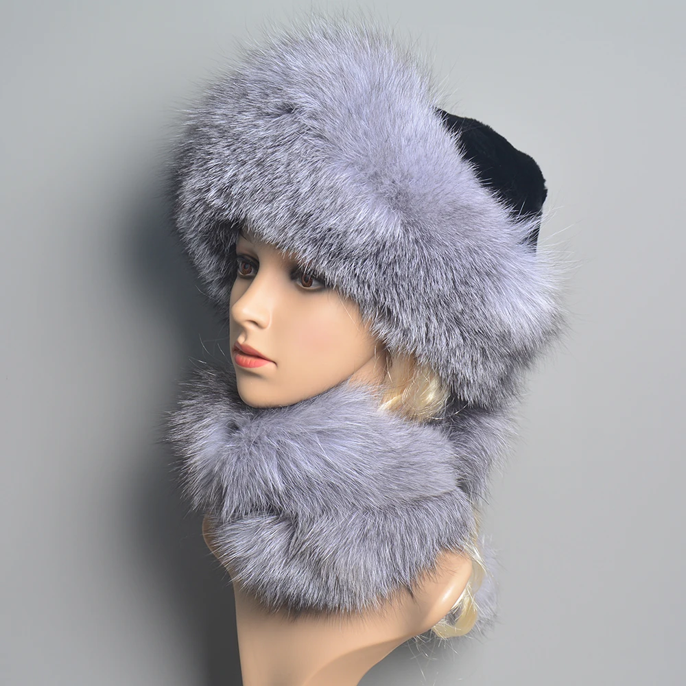 Women\'s Real Fox Fur Hat Scarf Mongolian Bomber Hat Ladies Winter Warm Fox Fur Earflap Caps Russia Winter Real Fur Hat