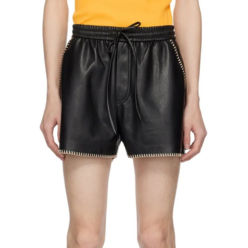 Maxdutti South French Minimalist Contrasting Color Lock Stitch Plain Leather Women's Clothing Shorts Elastic Waistband Pants
