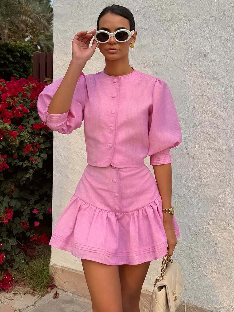 

Trendix Ruffle Skirt 2 Piece Sets Women Summer O Neck Short Sleeve Tops Street Casual Solid Patchwork Folds Fashion Skirts Sets