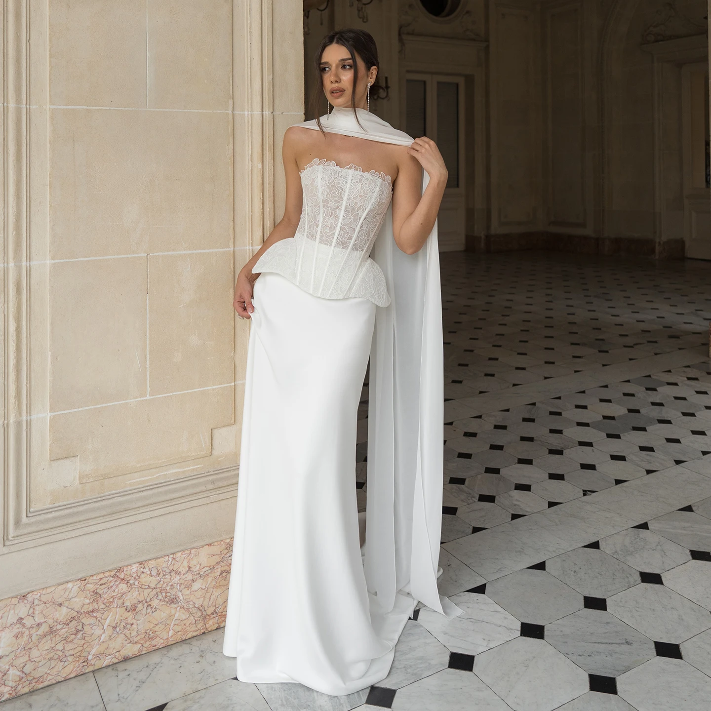 Sharon Said Mermaid Wedding Dress with Scarf Lace Top Satin Bridal Gowns SW241 Customized