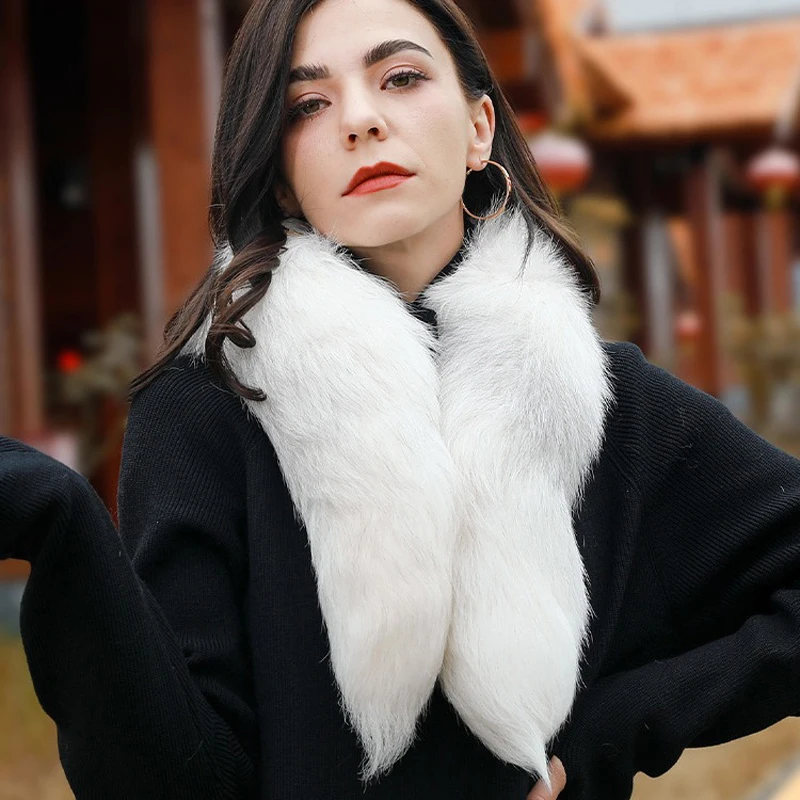 وشاح كبير منفوش من فرو الثعلب الحقيقي للنساء ، أوشحة دافئة للفتيات ، كاتم صوت الموضة ، ذيل ثعلب حقيقي ، 85 ، شتوي #4