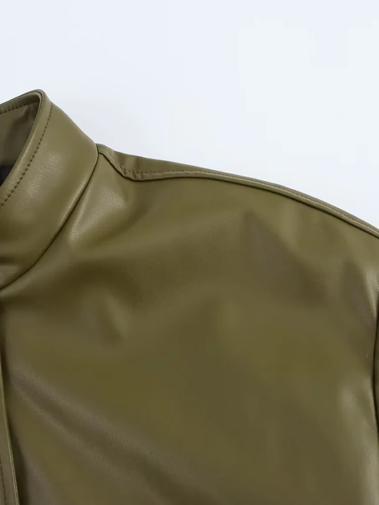 European style new women's fashion versatile temperament pocket imitation leather pilot long sleeve jacket