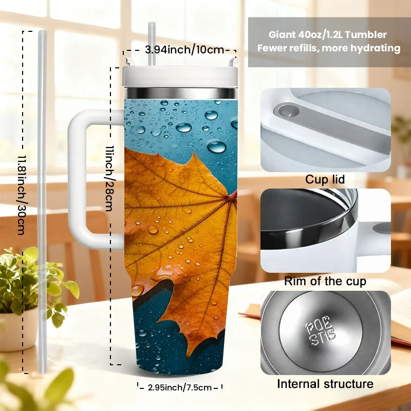 Vibrant Autumn Maple Leaf Digital Print 40Oz Stainless Steel Insulated Tumbler, Leakproof Hot And Cold Drink Cup, Ideal for Daily Commute, Outdoor Trips And Office Use