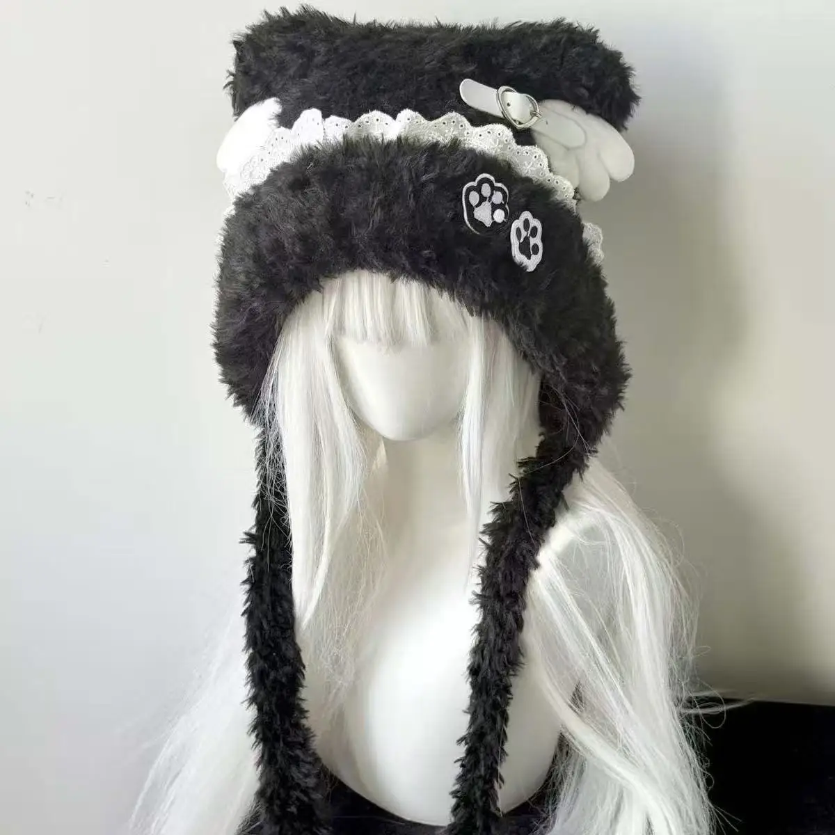 

Kawaii Sweet Black Cat Ear Cat Paws Subculture Angel Wing Beanie Hat Lace Buckle Lolita Fleece Y2k Cap Fluffy Warm Winter Hats