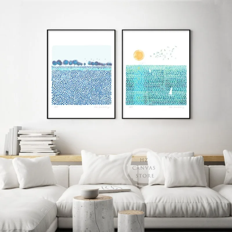 Watercolor Abstract Landscape Posters and Prints Blue and Green Sea Canvas Printings Modern Wall Art Picture Living Room Decor