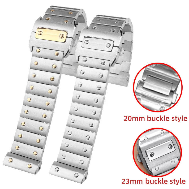 For Santos 100 Stainless Steel Strap Bracelet 20mm 23mm Watch Strap Bands Gold Silver Men Women Folding Buckle Metal Bracelet