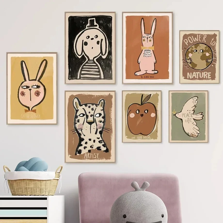 Abstract Cartoon Animal Fruit Art Poster Apple Rabbit White Dove Rainbow Wall Art Picture Canvas Print Painting Modern Home Deco