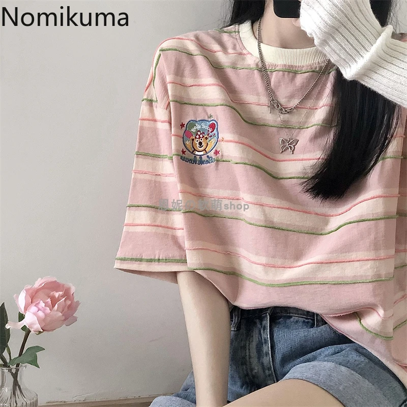 女性用ベア刺繍コットンTシャツ,半袖,ラウンドネック,ストライプTシャツ,カジュアルファッション,夏,y2k,2021