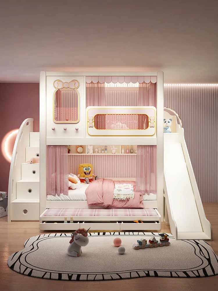 

Children's bed with double layered upper and lower bunks, high and low treehouse bed, mother bed with the same width above