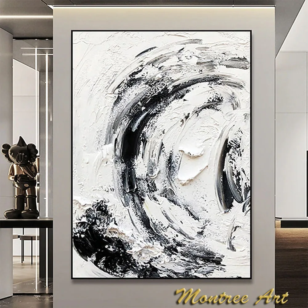 Pure Hand Painted Modern Oil Painting Fashion Abstract Black White Canvas Painting for Living Room Hallway Decorative Painting