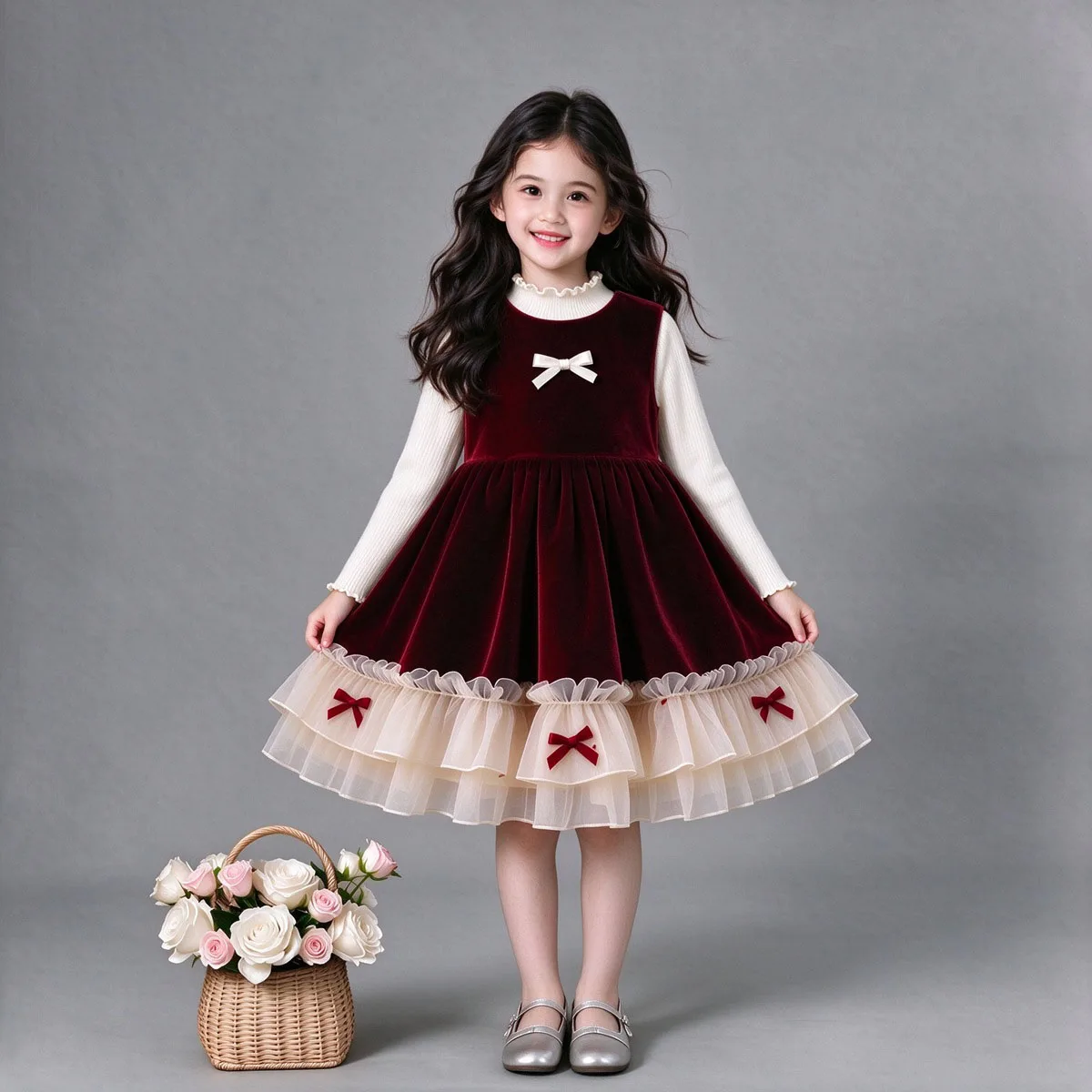 Autumn Winter girls Child set Teens long top lace knitted Sweater + Princess bow MESH LACE slip dress 4 10 12 new year Christmas