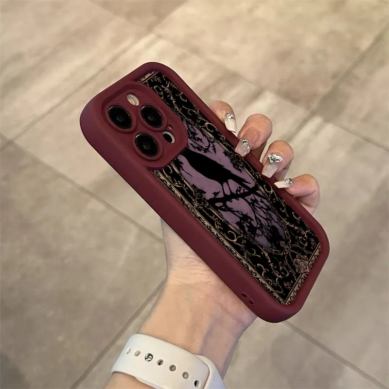 Aesthetic Black Crow Pattern Wine Red Phone Case for iPhone 16 E15 14 13 12 11 Pro Max Mini XS X XR 7 8 Plus Shockproof Cover - view 4