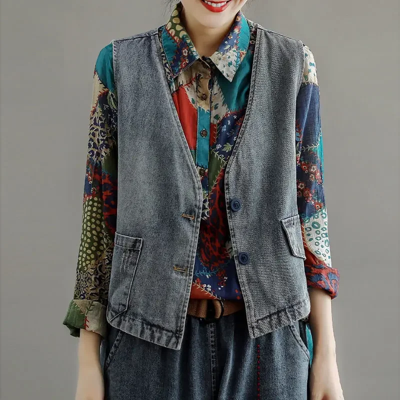 

New Denim Vest Vintage Sleeveless Cardigan Spring & Autumn Women's Jackets Y2k Tops Korean Fashion Coats Oversized Harajuku