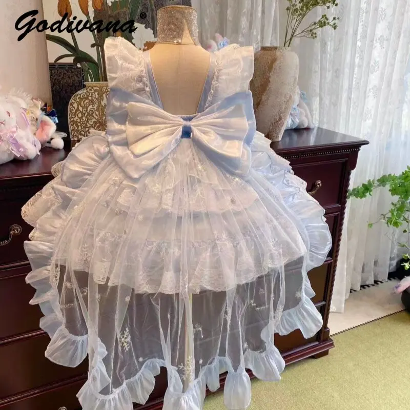 Sweet Baby Girls 2026 New Summer High End Heavy Blue Princess Lolita Dress Childrens Lace Trim Pearls Bow Birthday Party Dress