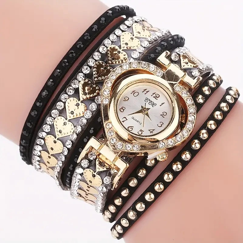 Fashion Rhinestone Heart Dial Women Watches Long Velvet Band Wristwatch