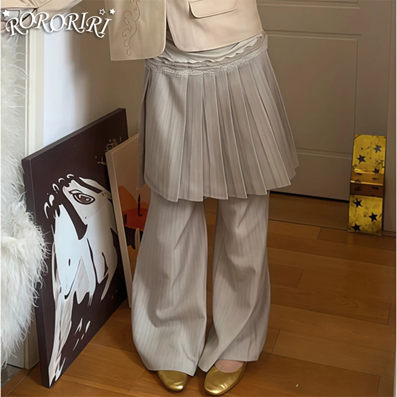 RORORIRI, Pantalones De pierna ancha De nicho coreano, traje falso De dos piezas, Falda plisada, Pantalón largo, Pantalones picantes para chica Y2k, Pantalones De Mujer